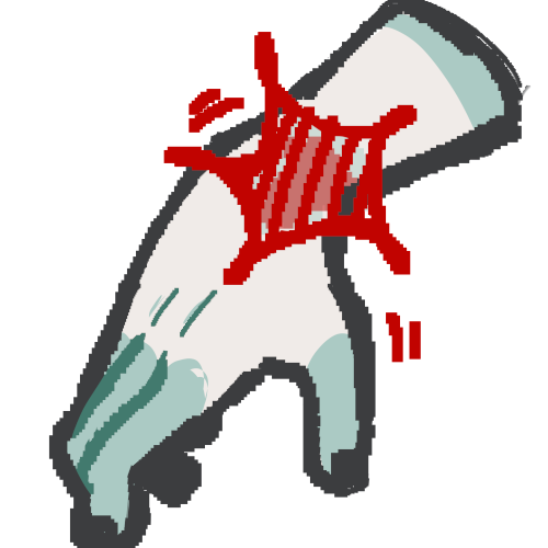 a pixellated drawing of a hand and wrist from a side view with the hand angled downward. there's a large, red, jagged star-like shape over the wrist indicating pain